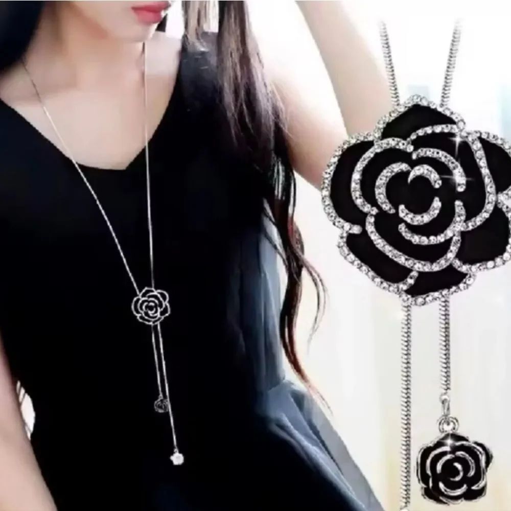 Designer Inspired Black & Silver Camellia Flower Necklace